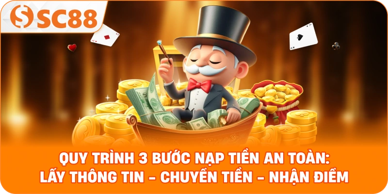 quy trình 3 bước nạp tiền an toàn: Lấy thông tin - Chuyển tiền - Nhận điểm